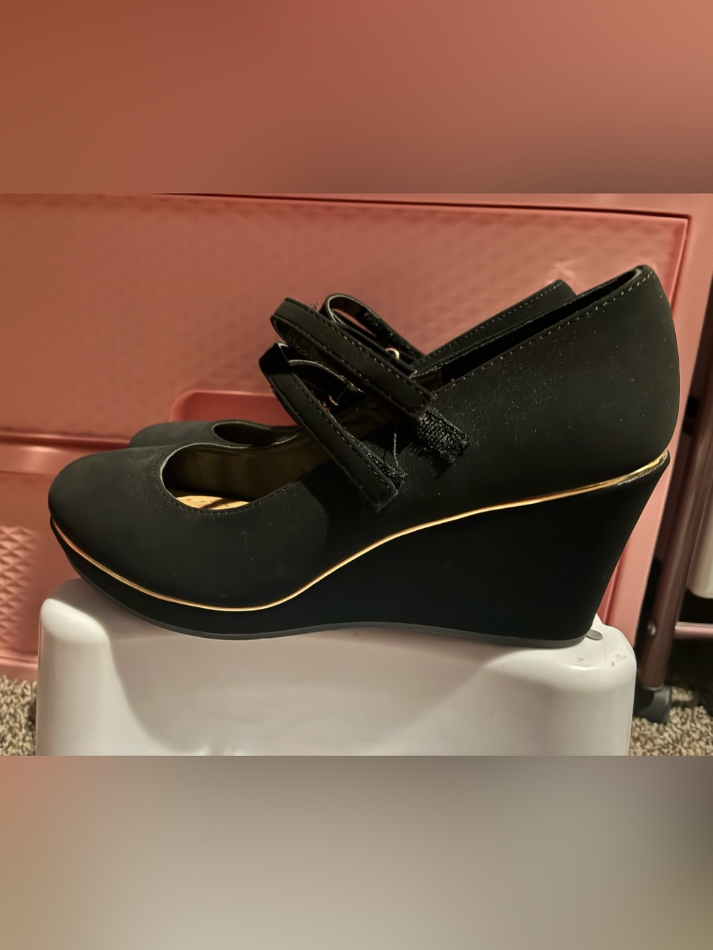 Black Wedge Mary Jane Heels with Gold Trim - Women